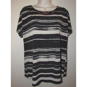 Womens M Susan Graver Black & Tan Striped  Top Beaded Accents Stretch Career NEW